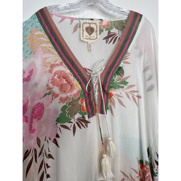 Z&L Europe Floral Print Airy  100% Cotton Pom-Pom Caftan Swim Cover Up OS - Picture 15 of 16